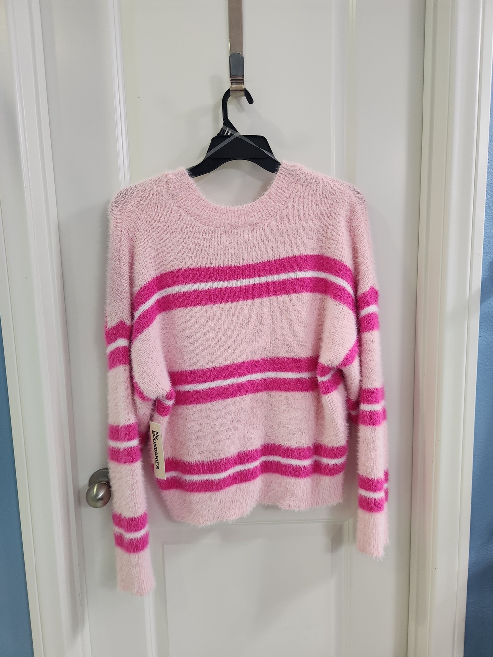 No Boundaries Pink & Hot Pink Fuzzy Stripe Crewneck Sweater Size XXL (20) - Picture 8 of 8